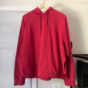 YMC red cotton terry knit rounded hem cropped long sleeve hoodie sweater